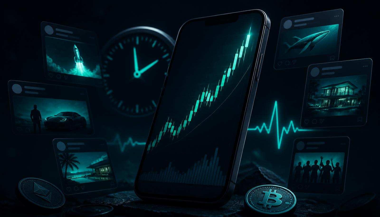 FOMO in crypto trading shown as a rising chart on a phone surrounded by social posts