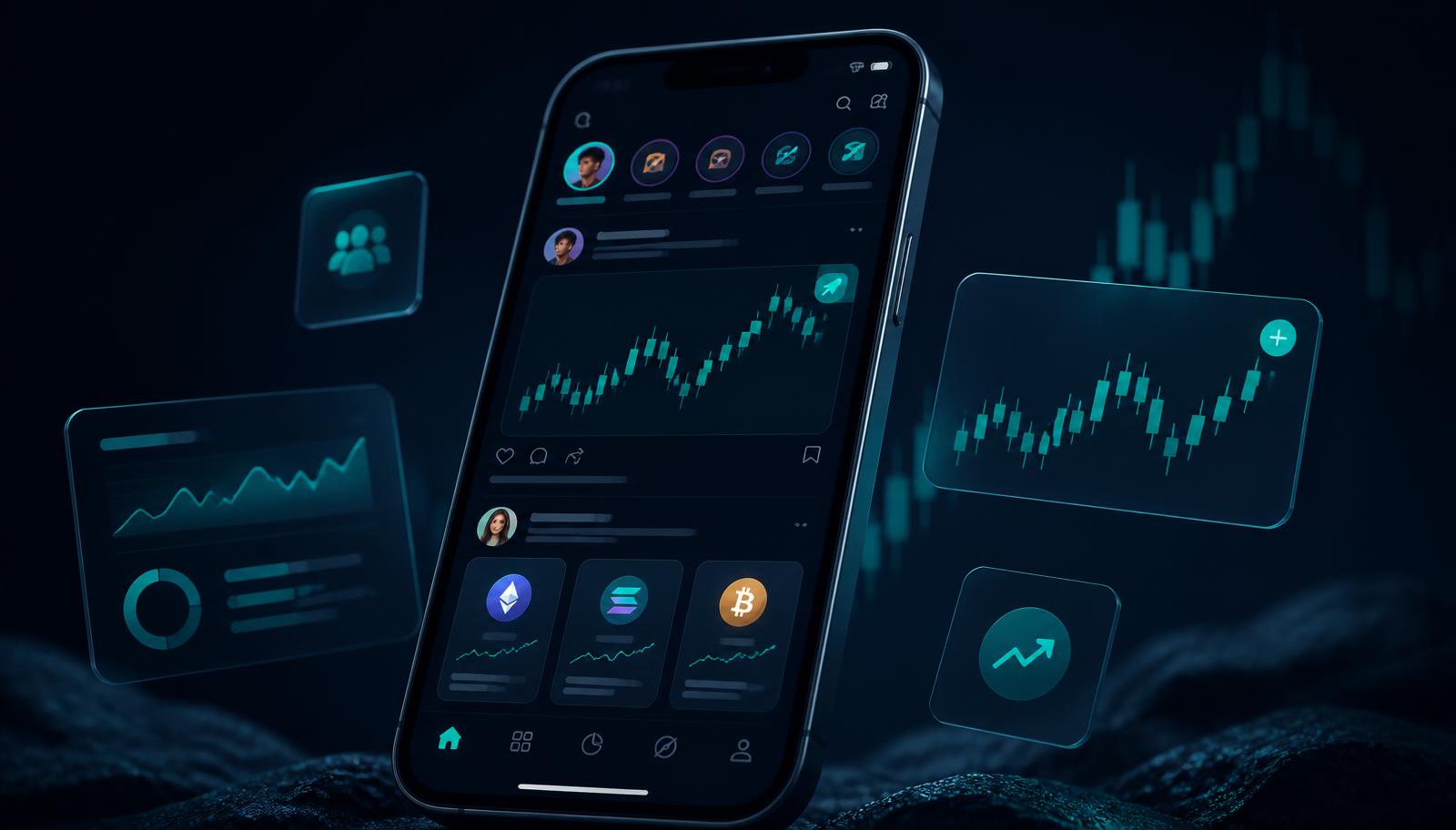 FOMO app social crypto trading feed shown on a smartphone
