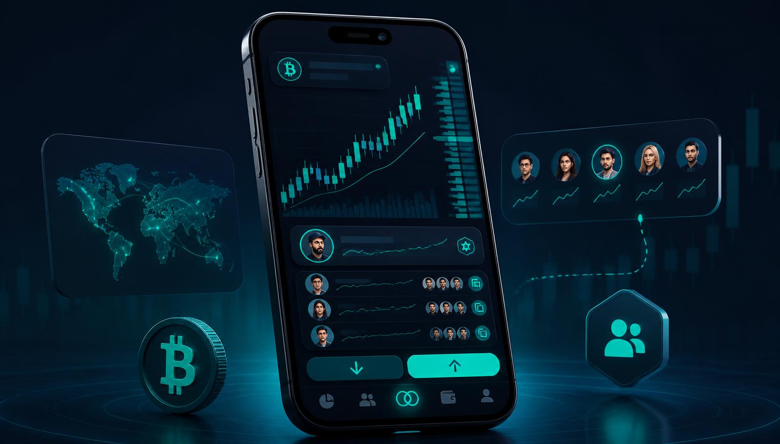 FOMO trading app on a smartphone with candlestick chart and copy trading profiles