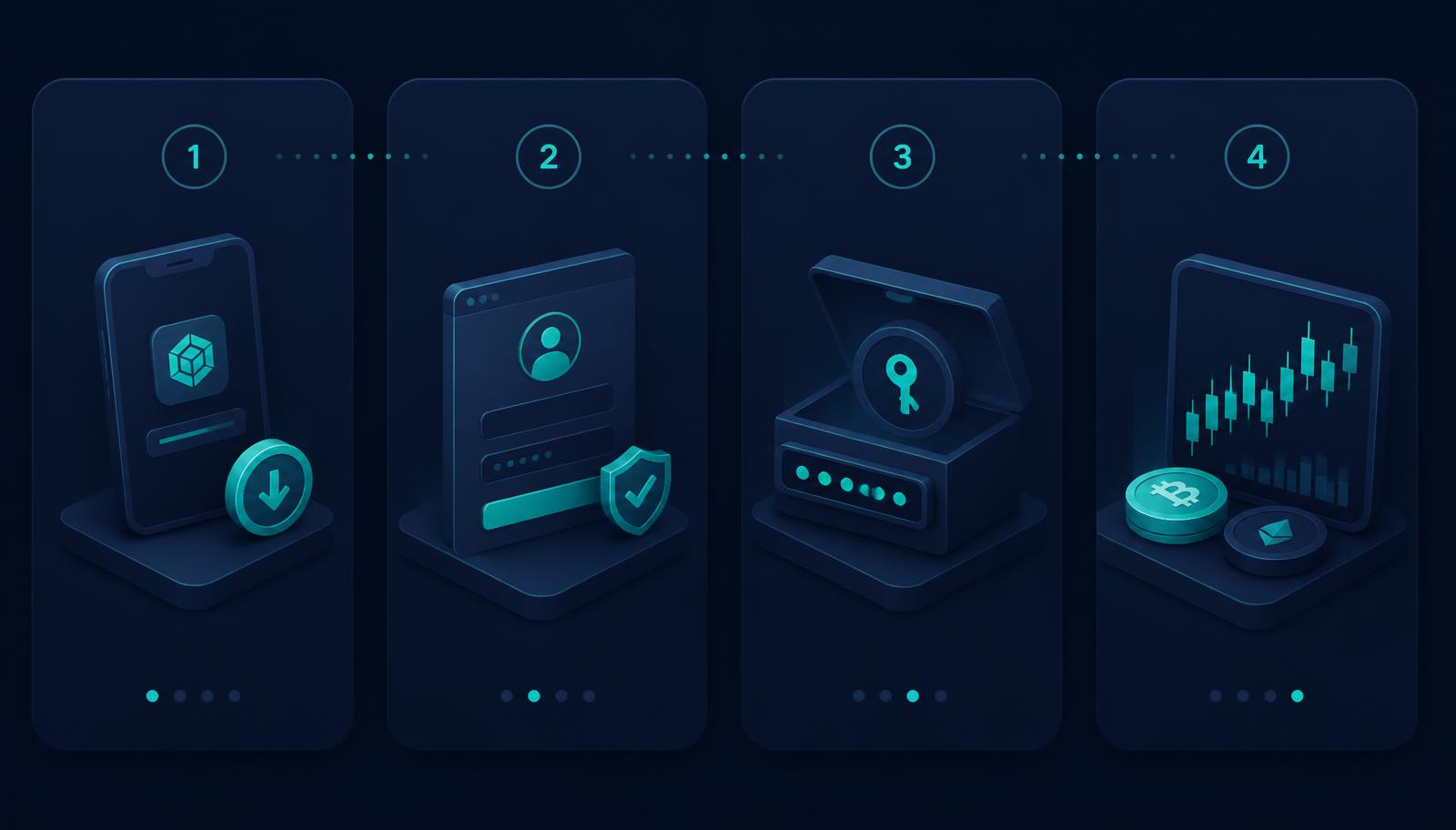 Four step illustration showing download the FOMO app, create an account, enter the referral code and start trading